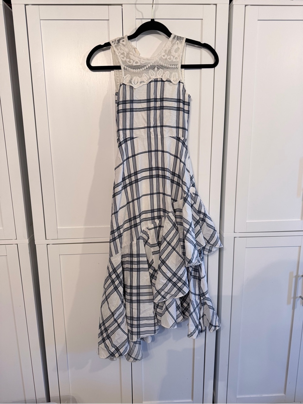 Joyfolie White and Navy Plaid Maxi dress with Lace